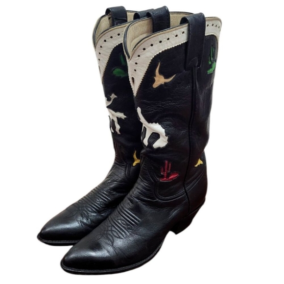 Larry Mahan Vintage Rare Rodeo Black White Red Cowgirl Cowboy Western Boots 7 B - Picture 8 of 16